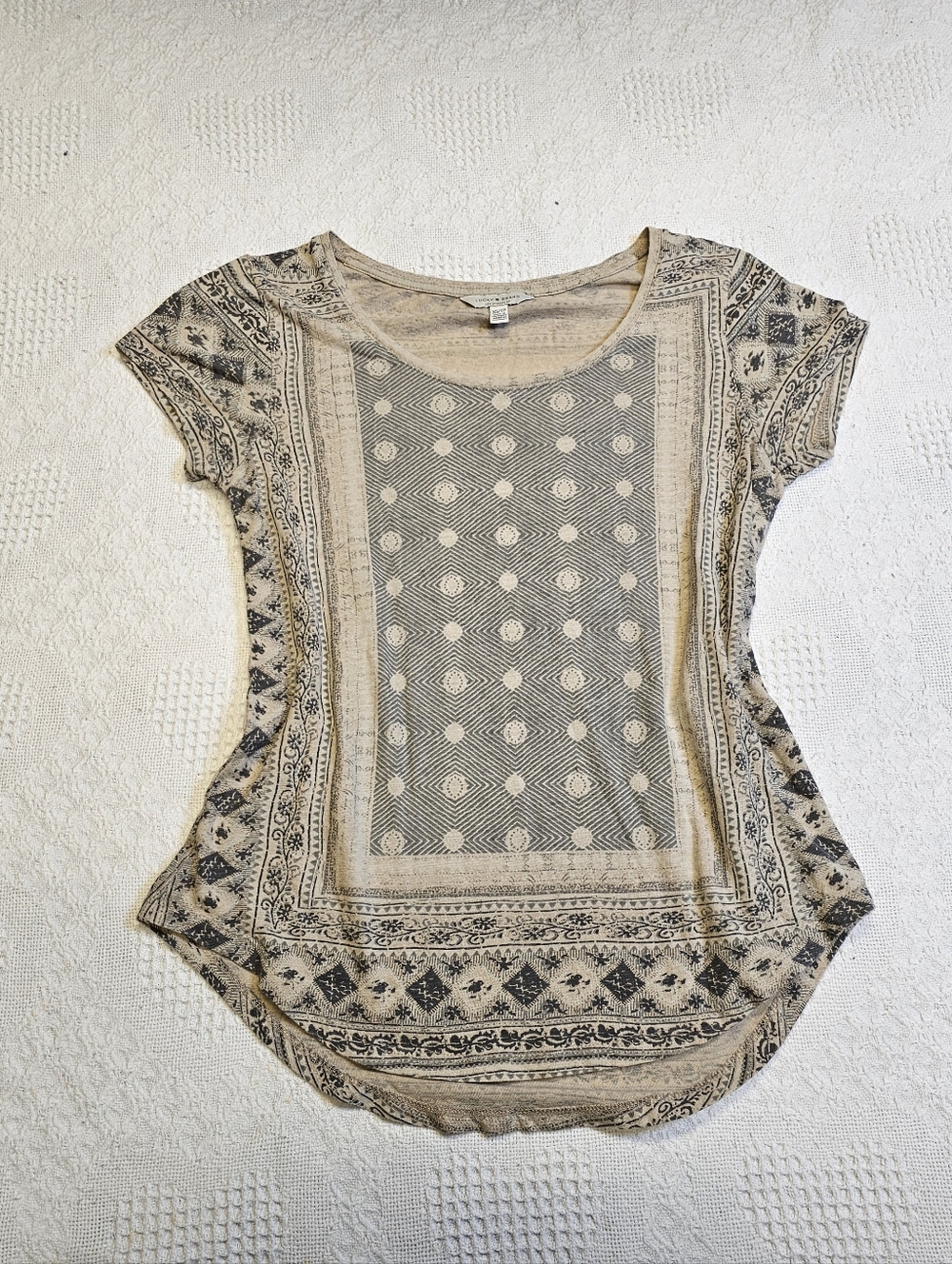 Lucky Brand Xs Beige Patterned Women's Short-Sleeve Top